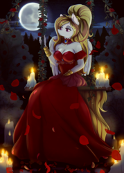 Size: 1250x1750 | Tagged: safe, artist:igazella, derpibooru import, oc, oc only, oc:storm shield, anthro, candle, clothes, collar, dress, moon, red dress, rose petals, solo, swing