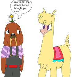 Size: 2088x2232 | Tagged: safe, artist:supahdonarudo, derpibooru import, paprika paca, alpaca, walrus, them's fightin' herds, community related, dialogue, flower, simple background, speech bubble, tomodachi life, transparent background, vinesauce