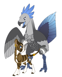 Size: 2600x3200 | Tagged: safe, artist:jackiebloom, derpibooru import, oc, oc:kinyume, bird, hybrid, zony, blaze (coat marking), duo, ear piercing, earring, high res, jewelry, magical lesbian spawn, offspring, open beak, parent:daring do, parent:zecora, parents:daringcora, piercing, simple background, socks (coat marking), solo, tail ring, thunderbird, transparent background