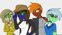 Size: 2376x1354 | Tagged: safe, artist:silenceshadowwolf, derpibooru import, oc, oc only, oc:blue bella, oc:cactus jackie, oc:hard rook, oc:may-bowl, fallout equestria, equestria girls, choker, ear piercing, earring, equestria girls-ified, eye scar, fallout, female, glasses, jewelry, necklace, piercing, scar, simple background, tattoo, transparent background