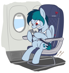 Size: 900x960 | Tagged: safe, artist:buckweiser, derpibooru import, oc, oc:delta vee, pegasus, pony, airline, angry, delta airlines, female, mare, plane, pun, sitting, sketch