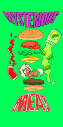 Size: 2000x4000 | Tagged: safe, artist:skeletonburglar, derpibooru import, oc, oc only, oc:honey cream, goo pony, original species, pony, burger, design, food, hamburger, ketchup, meat, pickles, sauce, scared, simple background, typography