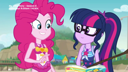 Size: 1280x720 | Tagged: safe, derpibooru import, screencap, pinkie pie, sci-twi, twilight sparkle, better together, equestria girls, friendship math, beach, clothes, duo, duo female, female, sunscreen, swimsuit