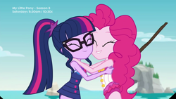 Size: 1280x720 | Tagged: safe, derpibooru import, screencap, pinkie pie, sci-twi, twilight sparkle, better together, equestria girls, friendship math, clothes, cute, duo, duo female, eyes closed, female, geode of telekinesis, grin, hug, magical geodes, smiling, squishy cheeks, swimsuit