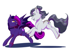 Size: 1024x791 | Tagged: safe, artist:xxcommandershepardxx, derpibooru import, oc, oc only, oc:amethyst star, oc:jaded radiance, cutie mark, duo, jumping, simple background, transparent background