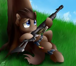 Size: 3136x2704 | Tagged: safe, artist:colarix, derpibooru import, oc, oc:blitzwing, gun, military pony, outdoors, tree, weapon