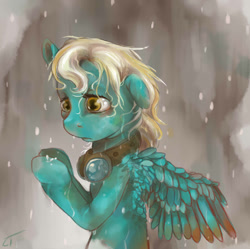 Size: 1211x1204 | Tagged: safe, artist:fyrecalla, derpibooru import, oc, oc only, oc:cloudshine, pegasus, pony, female, goggles, mare, rain, sad, solo, wings