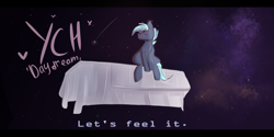 Size: 4000x2000 | Tagged: safe, artist:pesty_skillengton, derpibooru import, oc, oc only, pony, background pony, bed, bts, commission, dream, solo, space, text, your character here