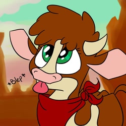 Size: 1024x1024 | Tagged: safe, artist:northwindsmlp, derpibooru import, arizona cow, cow, them's fightin' herds, :p, cute, looking up, silly, smiling, solo, tongue out