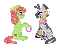 Size: 1280x1043 | Tagged: safe, artist:cascayd, derpibooru import, tree hugger, zecora, earth pony, pony, zebra, blushing, crack shipping, female, floral head wreath, flower, flower necklace, lesbian, looking at each other, shipping, simple background, smiling, transparent background, treecora