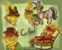 Size: 900x736 | Tagged: safe, artist:gloriaus, derpibooru import, cattail, zecora, cat, earth pony, pony, zebra, duo, rocking chair, watermark