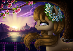 Size: 930x656 | Tagged: safe, artist:bastet-catmew, derpibooru import, oc, oc only, earth pony, pony, bandage, cloud, female, flower, flower in hair, hairband, lake, mare, night, night sky, sky, solo, starry night, sunrise, tree, windswept mane