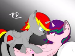 Size: 2048x1536 | Tagged: safe, artist:rubydeluxe, derpibooru exclusive, derpibooru import, oc, oc only, oc:holly dance, oc:rd, alicorn, alicorn oc, blushing, cutie mark, ear fluff, ear piercing, female, horn, lying down, male, neck fluff, piercing, pillow, shading, shipping, signature, simple background, smiling, straight, wings