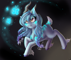 Size: 1024x866 | Tagged: dead source, safe, artist:freckleplant, derpibooru import, oc, oc only, goat, art trade, blue mane, braid, eye clipping through hair, female, golden eyes, gray coat, smiling, solo, unshorn fetlocks