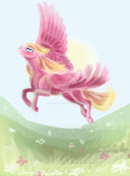 Size: 769x1038 | Tagged: safe, artist:gloriaus, derpibooru import, meadow flower, pegasus, pony, female, flying, mare, solo, watermark