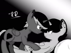 Size: 2048x1536 | Tagged: safe, alternate version, artist:rubydeluxe, derpibooru exclusive, derpibooru import, oc, oc only, oc:holly dance, oc:rd, alicorn, alicorn oc, black and white, blushing, cutie mark, ear fluff, ear piercing, female, grayscale, male, monochrome, neck fluff, piercing, pillow, shading, shipping, signature, smiling, straight