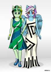 Size: 3521x4984 | Tagged: safe, artist:alphatea, derpibooru import, oc, oc only, oc:camellia yasmina, oc:rave infinity, anthro, pegasus, plantigrade anthro, unicorn, anthro oc, casual, clothes, cute, dress, duet, female, mare, pegasus wings, rule 63, shipping, shoes, sneakers, standing