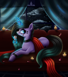 Size: 1024x1157 | Tagged: safe, artist:bastet-catmew, derpibooru import, oc, oc only, pony, unicorn, choker, female, glass, magic, mare, night, solo, telekinesis, wine, wine glass