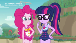 Size: 1280x720 | Tagged: safe, derpibooru import, screencap, pinkie pie, sci-twi, twilight sparkle, better together, equestria girls, friendship math, clothes, duo, duo female, female, geode of sugar bombs, geode of telekinesis, magical geodes, one-piece swimsuit, swimsuit