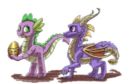 Size: 1024x694 | Tagged: safe, artist:xaneas, derpibooru import, spike, dragon, crossover, egg, simple background, smiling, spyro the dragon, white background