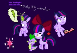 Size: 1024x699 | Tagged: safe, alternate version, artist:pinkieshy435, derpibooru import, apple bloom, scootaloo, spike, sweetie belle, twilight sparkle, twilight sparkle (alicorn), alicorn, dragon, book, cutie mark, cutie mark crusaders, female, filly, filly twilight sparkle, heart, magic, male, quill, shipping, spike is not amused, spikebloom, straight, telekinesis, tsundere, unamused, younger