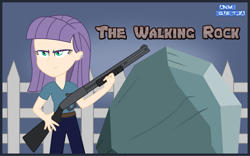 Size: 1861x1162 | Tagged: safe, artist:anime-equestria, derpibooru import, maud pie, tom, equestria girls, belt, clothes, crossover, fence, gun, human coloration, jeans, pants, piercing, scratches, shotgun, solo, the walking dead, weapon