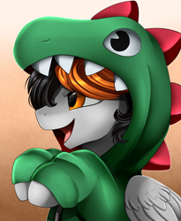 Size: 1446x1764 | Tagged: safe, artist:pridark, derpibooru import, oc, oc only, dinosaur, pegasus, pony, bust, clothes, commission, cute, hoodie, male, open mouth, portrait, solo