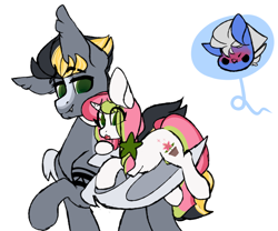 Size: 3000x2500 | Tagged: safe, artist:mimisaurusrex, derpibooru import, oc, oc:choku-dori, oc:scrib, oc:stargazer lily, bat pony, pegasus, pony, unicorn, chibi, ear fluff, fangs, female, furious, grumpy, hairtie, holding a pony, holding on, jealous, looking down, male, mare, pigtails, pouting, scared, size difference, smiling, stallion, tattoo, worried