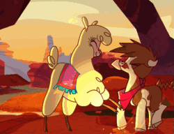 Size: 563x433 | Tagged: safe, derpibooru import, arizona cow, paprika paca, alpaca, cow, them's fightin' herds, animated, chest fluff, community related, derp, duo, female, gameplay, gif, kissing, menace, scrunchy face, that alpaca sure does love kisses
