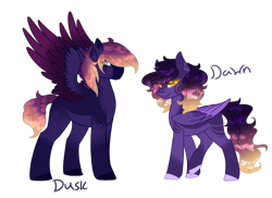 Size: 1024x744 | Tagged: safe, artist:kimyowolf, derpibooru import, oc, oc only, oc:dawn, oc:dusk, pegasus, pony, brother and sister, female, male, mare, siblings, simple background, stallion, transparent background, two toned wings