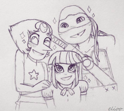 Size: 640x573 | Tagged: safe, artist:elioo, derpibooru import, twilight sparkle, equestria girls, crossover, donatello, pearl (steven universe), pencil drawing, sparkles, steven universe, teenage mutant ninja turtles, tmnt 2012, traditional art