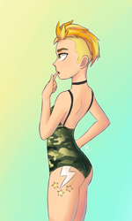 Size: 1200x2000 | Tagged: safe, artist:rezierre, derpibooru import, lightning dust, human, camouflage, clothes, humanized, one-piece swimsuit, open-back swimsuit, solo, swimsuit