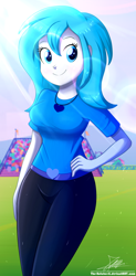 Size: 720x1460 | Tagged: safe, artist:the-butch-x, derpibooru import, oc, oc only, oc:angel love, equestria girls, birthday gift, bleachers, clothes, equestria girls-ified, female, field, necklace, pants, shirt, signature, smiling, solo