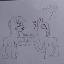 Size: 2236x2236 | Tagged: safe, artist:rbd9510, derpibooru import, mudbriar, earth pony, pony, the maud couple, bruised, dialogue, grayscale, male, monochrome, no tail, pencil drawing, stallion, technically, that was fast, traditional art