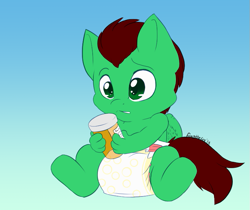 Size: 723x606 | Tagged: safe, artist:fangthefox, derpibooru import, oc, oc only, oc:northern haste, anthro, unguligrade anthro, age regression, anthro oc, baby, commission, diaper, foal, pill bottle, pills, simple background, solo