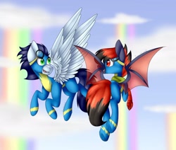 Size: 2048x1735 | Tagged: safe, artist:liamsartworld, derpibooru import, soarin', oc, oc:blue pixel, bat pony, pony, bandana, clothes, talons, uniform, wonderbolts uniform