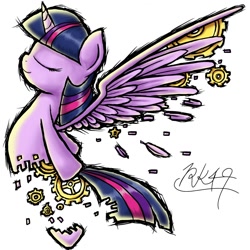 Size: 2000x2000 | Tagged: safe, artist:phoenixrk49, derpibooru import, twilight sparkle, twilight sparkle (alicorn), alicorn, pony, robot, eyes closed, female, gears, simple background, smiling, solo, white background