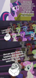 Size: 500x1060 | Tagged: safe, derpibooru import, edit, edited screencap, screencap, air way, amethyst star, cherry spices, cloverbelle, cocoa caliente, golden grove, lemon hearts, magnet bolt, minuette, pokey pierce, rainbow stars, royal ribbon, sparkler, star bright, sunshine petals, twilight sparkle, twilight sparkle (alicorn), twinkleshine, alicorn, pony, unicorn, the cutie re-mark, apple polish, background pony, female, forever alone, male, mare, meme, minty green, speech, stallion