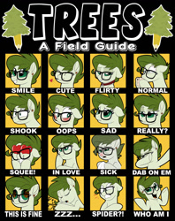 Size: 1024x1295 | Tagged: safe, artist:lostinthetrees, derpibooru import, oc, oc:trees, earth pony, pony, blushing, coffee, collar, dab, drool, expressions, female, floppy ears, glasses, heart eyes, mare, sleeping, solo, this is fine, wingding eyes, zzz