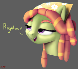 Size: 978x867 | Tagged: safe, artist:starkdust, derpibooru import, tree hugger, earth pony, pony, bust, lidded eyes, portrait, simple background, smiling, solo