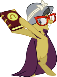 Size: 3209x4384 | Tagged: safe, artist:ironm17, derpibooru import, a.k. yearling, daring do, pony, daring don't, bipedal, book, cape, clothes, glasses, grin, hat, simple background, smiling, solo, transparent background, vector