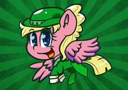 Size: 1280x900 | Tagged: safe, artist:tranzmuteproductions, derpibooru import, oc, oc only, oc:sweetie bloom, pegasus, pony, clothes, female, hat, holiday, leprechaun, mare, open mouth, saint patrick's day, solo