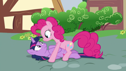 Size: 1920x1080 | Tagged: safe, derpibooru import, screencap, pinkie pie, twilight sparkle, twilight sparkle (alicorn), alicorn, earth pony, pony, fame and misfortune, on back, out of context, personal space invasion