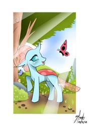 Size: 820x1160 | Tagged: safe, artist:markvoid21, derpibooru import, ocellus, butterfly, changedling, changeling, school daze, crepuscular rays, female, open mouth, scenery, signature, solo