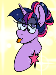 Size: 774x1032 | Tagged: safe, artist:tranzmuteproductions, derpibooru import, twilight sparkle, pony, alternate hairstyle, bust, female, glasses, mare, portrait, solo, tongue out
