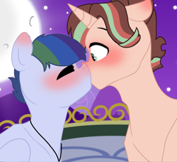 Size: 1976x1802 | Tagged: safe, artist:sparkledashyt, derpibooru import, oc, oc only, oc:sparkle dash, oc:sunlight, pegasus, pony, unicorn, base used, blushing, female, kissing, magical lesbian spawn, male, moon, night, oc x oc, offspring, offspring shipping, parent:rainbow dash, parent:starlight glimmer, parent:sunburst, parent:twilight sparkle, parents:starburst, parents:twidash, shipping, stallion, straight