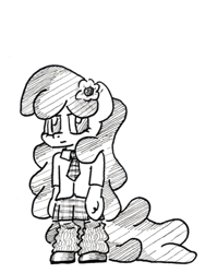 Size: 500x665 | Tagged: safe, artist:shoeunit, derpibooru import, cheerilee, earth pony, pony, semi-anthro, black and white, clothes, female, flower, flower in hair, grayscale, long mane, mare, monochrome, necktie, school uniform, simple background, solo, traditional art, white background