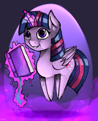 Size: 1421x1750 | Tagged: safe, artist:malamol, derpibooru import, twilight sparkle, twilight sparkle (alicorn), alicorn, pony, book, female, glowing horn, magic, mare, simple background, smiling, solo, telekinesis, transparent background