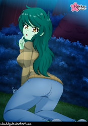 Size: 2206x3144 | Tagged: safe, artist:clouddg, derpibooru import, wallflower blush, better together, equestria girls, forgotten friendship, adorasexy, ass, butt, clothes, cute, female, jeans, looking at you, looking back, looking back at you, open mouth, sexy, signature, solo, sweater, wallflower butt