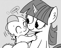 Size: 1007x794 | Tagged: safe, artist:mamatwilightsparkle, derpibooru import, spike, twilight sparkle, dragon, baby, baby dragon, baby spike, cute, female, mama twilight, mare, monochrome, nuzzling, offset, spikabetes, tumblr, twiabetes